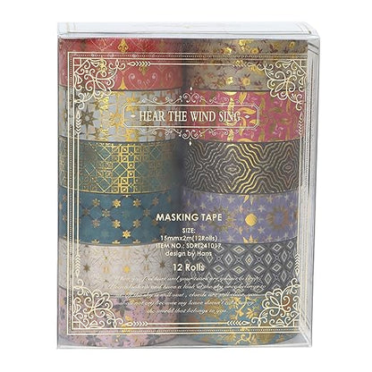 12 Rolls Charming Washi Tape Set Gold Silver Foil Detailing Arts Adhesive Tapes Basic Patterns Decorative Masking Tape Sets for Craft, Kids, Scrapbook, DIY, Gift Wrapping (Golden Galaxy)