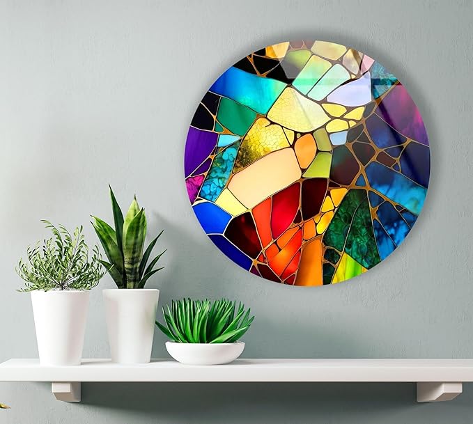 My Photostation.com 31.5''(80cm) Diameter Multicolor Round Stained Glass Wall Art Vibrant Mosaic Abstract Panel Tempered Glass Printing Wall Decor Large Wall Art Wall Hangings