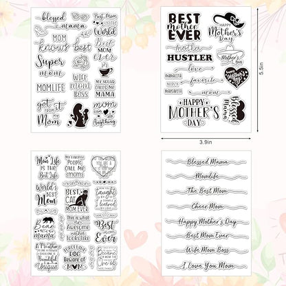 Whaline 4 Sheets Mother's Day Clear Stamps Greeting Words Silicone Transparent Stamps for DIY Craft Card Making Scrapbooking Embossing Album Decor