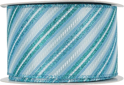 MEEDEE Blue Diagonal Stripe Ribbon 2.5 Inch Blue Satin with Turquoise and Teal Glitter Wired Ribbon for Wreath Bow, Topper Bow, Tree, Garlands (10 Yards)