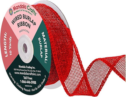 Mandala Crafts Red Burlap Wired Ribbon 1 Inches Wide Jute Ribbons for Crafts - 10 Yds Roll Rustic Burlap Wrap Trim Ribbons for Wreaths Bows Party Decoration