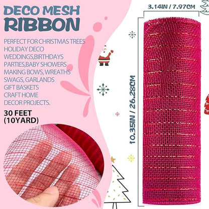 Anivia Deco Mesh Ribbon, 10inch x 30 Feet Each Roll Metallic Foil Mesh Ribbon for Wreaths Swags, Holloween, and Christmas Tree Decoration (Burgundy/Red Foil)