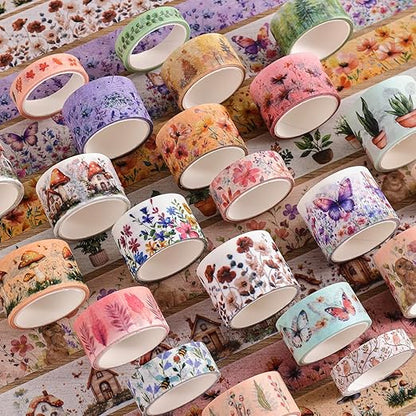 27 Rolls Vintage Washi Tape Set, Floral Butterfly Forest Mushroom Botanical Flower Writable Decorative Tapes for Scrapbooking, Junk Journal Supplies, Bullet Journaling 9.84ft Long/Roll