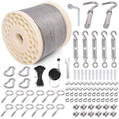 300FT 1/8" Wire Rope Kit, Vinyl Coated 304 Stainless Steel Wire Cable, 7x7 Strands 920LBS Breaking Strength, M5 Turnbuckle, String Light Hanging Kit for Outdoor, Garden, Clothesline