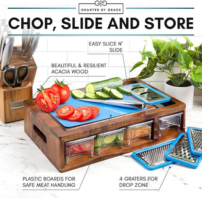 Acacia Cutting Board with Containers & Lids - Board Meal Prep System w 4 Graters, 2 Plastic Chopping Board for Meat, Juice Grooves & More - Cutting Board Prep Station for Kitchen