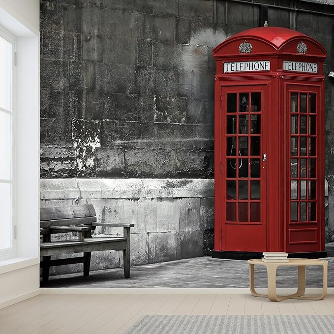 wall26 British Phone Booth in London, United Kingdom Removable Wall Mural | Self-Adhesive Large Wallpaper - 120x144 inches
