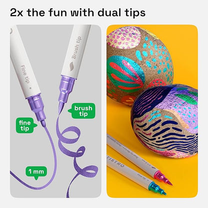 ARTISTRO 24 Metallic Dual Tip Brush + Fine Acrylic Paint Markers - Easy for All Ages & Levels Paint Pens for Fabric, Rock, Glass, DIY - Halloween Pumpkin Painting Kit, Art Supplies, Christmas Gift
