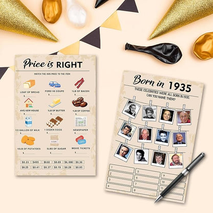 90 th Birthday Party Games, Set of 2 Activities for 15 Guests, Born in 1935 Games Bundle, Birthday Party Supplies for Adults, Pack of 30 Cards