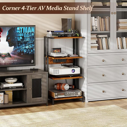 X-cosrack 4-Tier AV Media Stand with Power Strips, Wooden Corner Shelf Component Cabinet Stereo Audio Rack Stand Tower Perfect for DVD Players:Game Console:TV Box:Cable Box:Xbox:WiFi Router