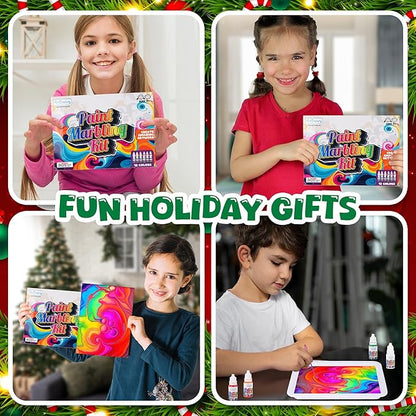 ArtCreativity Water Marbling Paint Art Kit for Kids - Complete Set with 12 Paint Colors, 10 Bags Thickening Powder, 10 A5 Papers, and More - Marble Art Painting Kit - Crafts for Kids Ages 3 and Up