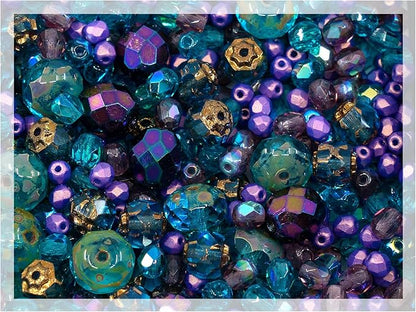 0.88oz of Blue Purple Mix of Czech Faceted Fire Polished Beads (Round, Catherdal, Rondelle)