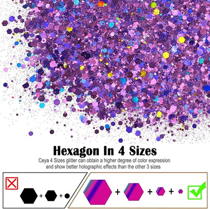 Ceya Holographic Chunky Glitter, 4.9oz/ 140g Purple Craft Glitter Powder Mixed Chunky & Fine Flakes Iridescent Nail Sequins for Nail Art, Hair, Epoxy Resin, Tumblers, Slime, Painting, Festival Decor