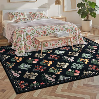 Wonnitar Floral Print 8x10 Washable Rug, Non Slip Black Dining Room Rug, Moroccan Large Stain Resistant Low Pile Indoor Carpet for Bedroom Playroom Home Decor, Black/Multi