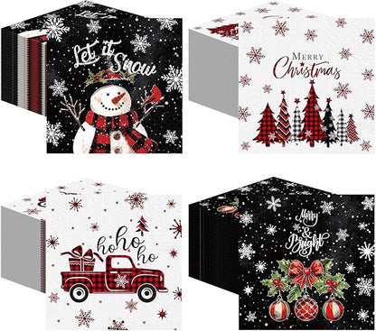 Janlaugh 200 Pcs Christmas Paper Napkins Disposable Snowman Cocktail Napkins Decoupage 2 Ply Snowflake Dinner Napkins Santa Beverage Napkins for Xmas Winter Table Decor(Black,Snowman)