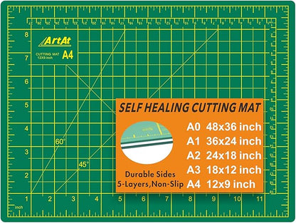 ArtAt Self Healing Cutting Mat: 9"x12" Non-Slip PVC Double Sided 5-Ply A4 Art Craft Rotating Mat, Rotary Cutting Mat for Quilting, Sewing Crafts Hobby Fabric Precision Scrapbooking Project Green