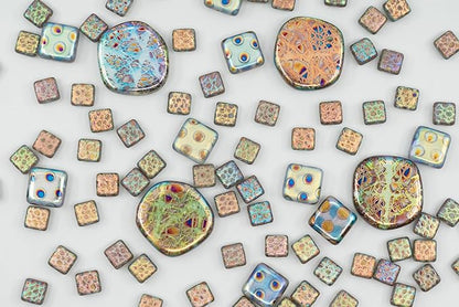 1.75 oz (50g) Mix of Unique Czech Bohemia Glass Pressed Beads, Light Blue AB Sliperit, Patterned, Matte and Glossy, Hand Made BCV