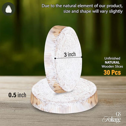Wood Slices in Mesh Bag for Crafts DIY Projects Rustic Wedding Decorations Ornaments Coasters Tags Home Decor (White Washed)