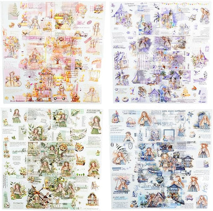 4Pcs Girl Pre-Cut Sticker Books, PET and Washi Designs for Scrapbooking, Journaling Supplies, Junk Journal Ephemera, Includes Organizer