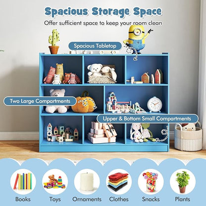 KOTEK Toy Storage Organizer, 5 Cubby Kids Bookshelf, Wooden 3-Tier Bookcase Storage Cabinet, Open Display Book Shelf for Daycare, Nursery, School Classroom, Living Room (Blue, 8 Cubes)