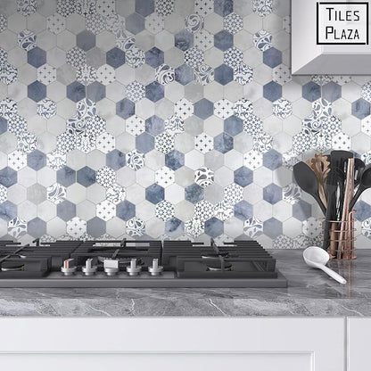 The Tiles Plaza 10-Sheet Peel and Stick Backsplash, Blue Cement Hexagon Stone Composite Marble Looks Self Adhesive Wall Tile, Stick On Tiles for Kitchen Bathroom Shower, Cover 9 Sq Ft.