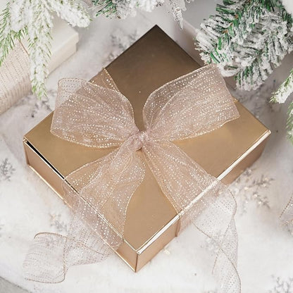 MEEDEE Rose Gold Sheer Glitter Wired Ribbon 2.5 Inch Horizontal Stripes Polka Dot Christmas Ribbon Organza Sheer Glitter 25 Yards for Christmas Tree, Wreath, Bow Making