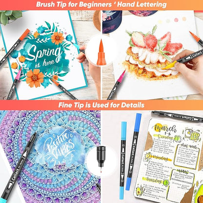 Caliart 72 Colors Double Tip Brush Pens Art Markers, Artist Fine & Brush Pen Coloring Markers for Adult Book Cards Drawing Craft Kit Teacher Office Supplies