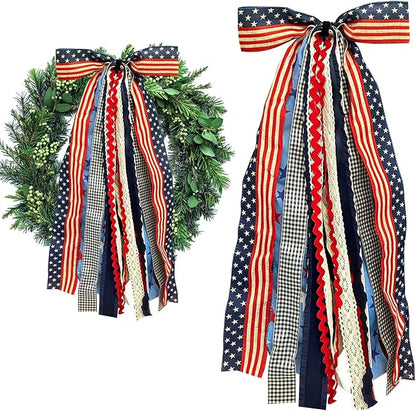 Large Patriotic Star Ribbons Bow for Wreath, Red White Buffalo Plaid Fabric Ribbons Set Assorted Lace Ribbon 4th of July Clip-On Wreath Sash Ribbon Bundle for Patriotic Indoor Outdoor Decor