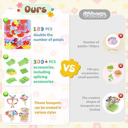 GirlsHome 300+PCS Fabric Flower Bouquets Toys, DIY Flower Crafts Kits for Kids, Arts and Crafts for Kids Ages 6-8 Girls, Build Flower Bouquet, STEM Educational Toy Preschool Gifts (Green Brown)