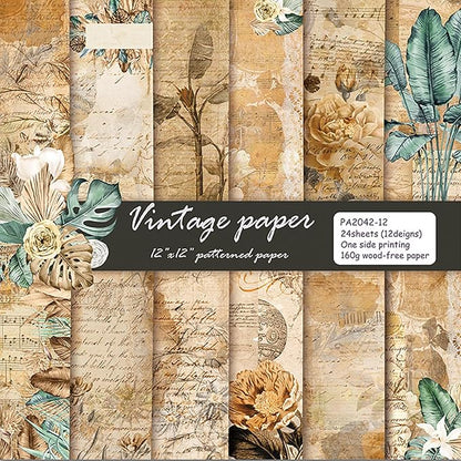 YASMEN Scrapbook Paper Pad 12x12, Vintage Patterned Cardstock, Single-Sided Decopodge, Retro Decorative Craft Paper, Scrapbooking Junk Journal Gift Card Making Supplies - 24 Sheets