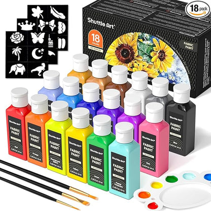 Shuttle Art Fabric Paint, 18 Colors Permanent Soft Fabric Paint in Bottles (60ml/2oz) with Brushes, Palette, Stencils, Non-Toxic Textile Paint for T-Shirts, Shoes, Jeans, Bags, DIY Projects&Art
