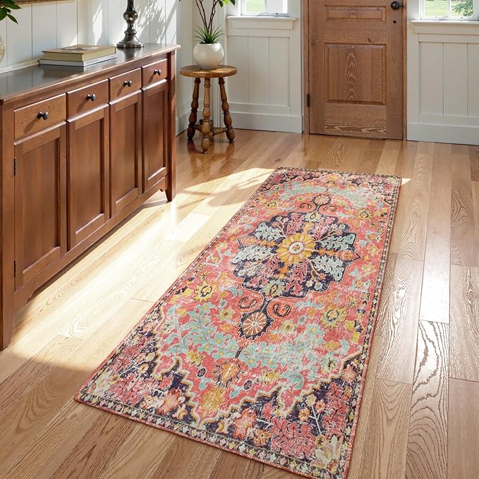 Lahome Bohemian Floral Medallion Runner Rug - 2x4 Hot Pink Bathroom Rug Runner, Machine Washable Non-Slip Hallway Mat Indoor Laundry Accent Carpet Runners for Kitchen Living Bedroom RV, Fuchsia/Multi
