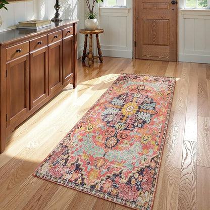 Lahome Bohemian Floral Medallion Runner Rug - 2x4 Hot Pink Bathroom Rug Runner, Machine Washable Non-Slip Hallway Mat Indoor Laundry Accent Carpet Runners for Kitchen Living Bedroom RV, Fuchsia/Multi