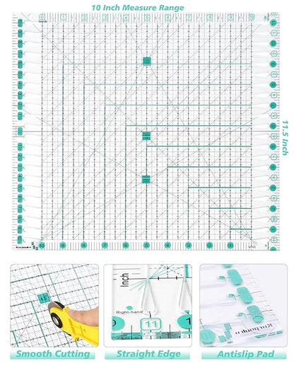 Quilting Ruler for Precise Fabric Cutting 11.5" x 10.5" Quilt Rulers Quilting Sewing Tools Slotted Rulers for Accurate Measurements and Easy Cutting Fabrics Green