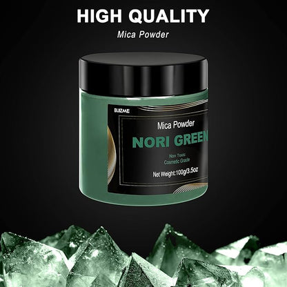 Nori Green Mica Powder(100g) Big Bottle Pigment Powder Multipurpose DIY Arts and Crafts Additive, Woodworking, Epoxy, Resin, Natural Bath Bombs, Paint, Soap,Nail Polish, Lip Gloss(Nori Green, 3.5oz)