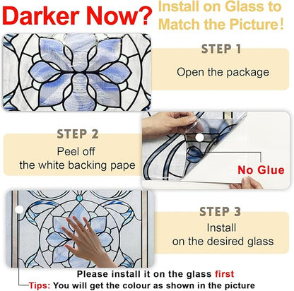 3D Stained Glass Window Privacy Film, Heat Control UV Blocking Static Cling Decorative Window Film for Bathroom,Front Door,Home Non Adhesive,35.4 x 78.7 inches Azure Bloom