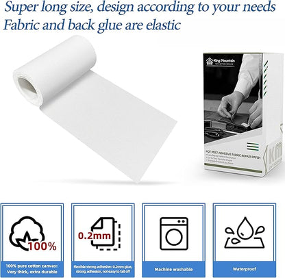 KING MOUNTAIN Canvas Iron on Patch,3"×60",Waterproof 100% Cotton Fabric Repair Patch,Used for Various Sofa,Tent,Clothes,Seats,Suitcases (White)
