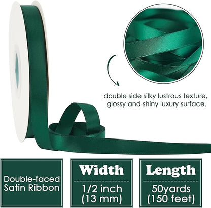 HUIHUANG Hunter Green Satin Ribbon 1/2 inch X 50 Yards Continuous, Dark Green Double-Faced Satin Ribbon for Gift Wrapping, Bows, DIY Crafts, Flower Bouquet, Wedding Decor, Christmas