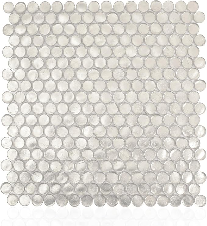 Silver Penny Round Mosaic Glass Tile – 12.2 x 12.2 Inch - 10 Sheet Pack - Luxurious Design for Bathroom Walls, Kitchen Backsplash, Shower Walls - Elegant Wall Decor - NOT Peel and Stick Tile
