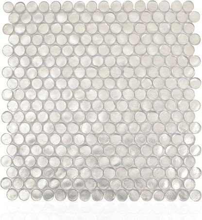 Silver Penny Round Mosaic Glass Tile – 12.2 x 12.2 Inch - 10 Sheet Pack - Luxurious Design for Bathroom Walls, Kitchen Backsplash, Shower Walls - Elegant Wall Decor - NOT Peel and Stick Tile