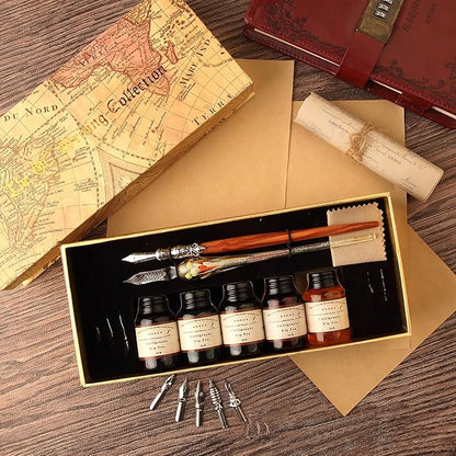 GC QUILL MU-02 Calligraphy Pen Set, Glass Dip Pen and Handcrafted Wooden Dip Pen Gift Set with 5 Colors Calligraphy Ink 6 Nibs, Calligraphy Set for Beginners