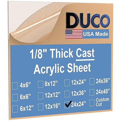 Duco USA-Made Clear Cast Acrylic Sheet 1/8 Inch Thick 24" x 24" - 1 Pack of Transparent Plexiglass Sheet - Lightweight Acrylic Board for Window Replacements, Displays, Signs, and More