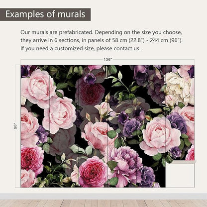 AFZEVEB-Black Watercolor Purple Peony Flower Wallpaper Wall murals for Bedroom 136"x96"(Not Peel and Stick)