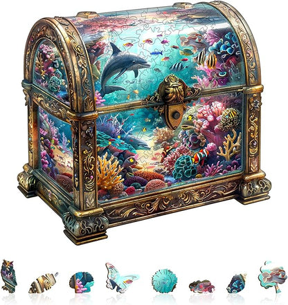Wooden Puzzles for Adults, Treasure Chest Ocean Wooden Jigsaw Puzzle Unique Shape Animal Wood Puzzles Adult 3D Visual Effect, Birthday Gifts for Puzzle Lovers Family Games (L-13.4 * 12.9in-260pcs)
