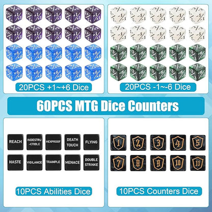 60PCS MTG Counters Set, Anglekai MTG Dice Counters for TCG Card Games, 10P Life Ability Keywords/ 40P -1/+1 Buff Tokens/ 10P Shield/Bag
