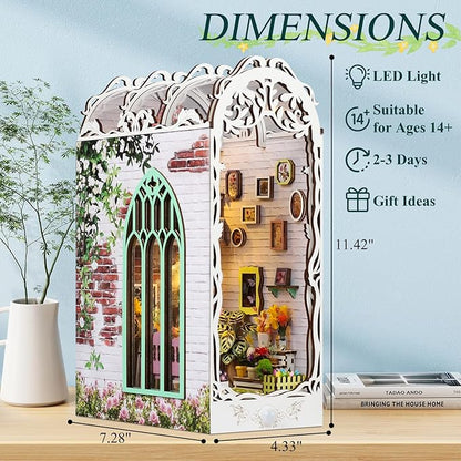 TuKIIE DIY Book Nook Miniature Kit, Booknook Dollhouse Bookshelf Insert with Sensor Light & Dust Proof, Wooden Decorative Bookend Stand Model Kits for Kids Teens Adults(Flower House)