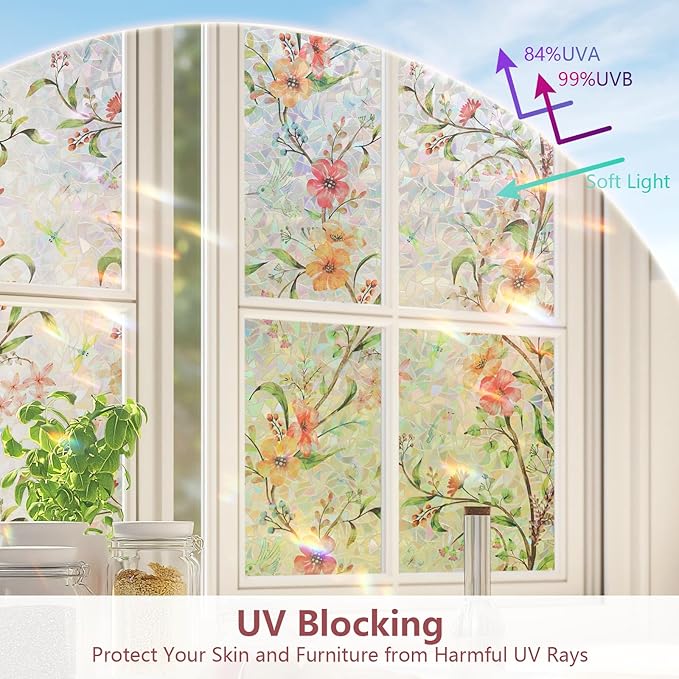 NINETREX Window Privacy Film,Stained Glass Window Film,Rainbow Decorative Stickers Static Cling Anti UV Heat Control for Home Decor (Galsang Flower,17.5 x 157.4inch)