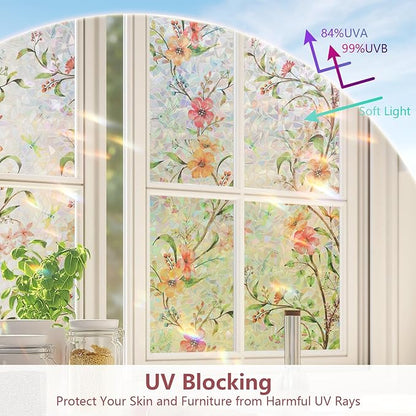 NINETREX Window Privacy Film,Stained Glass Window Film,Rainbow Decorative Stickers Static Cling Anti UV Heat Control for Home Decor (Galsang Flower,23.6 x 157.4inch)