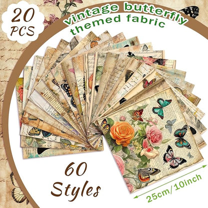 Ganeen 60 Pcs 10 x 10 Inch Vintage Butterfly Quilting Fabric Squares Summer Butterfly Fabric Bundle Retro Fat Patchwork Precut Stripes for Handmade Material Sewing DIY Crafts