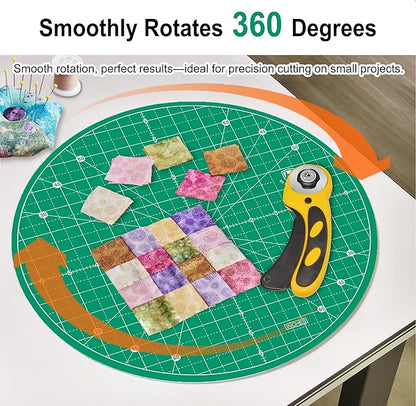 Headley Tools 13"x13" Round Rotating Cutting Mat, Self Healing Mat with 360-Degree Rotation & Anti-Slip Base, Sewing Board Cutting Mat Perfect for Fabric Quilting Leather Hobby Project, Green