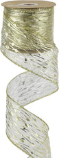 MEEDEE Gold Wired Ribbon - 2.5 Inch Sheer Organza With Horizontal Stripes and Polka Dots - 25 Yards for Gift Wrapping, Garland